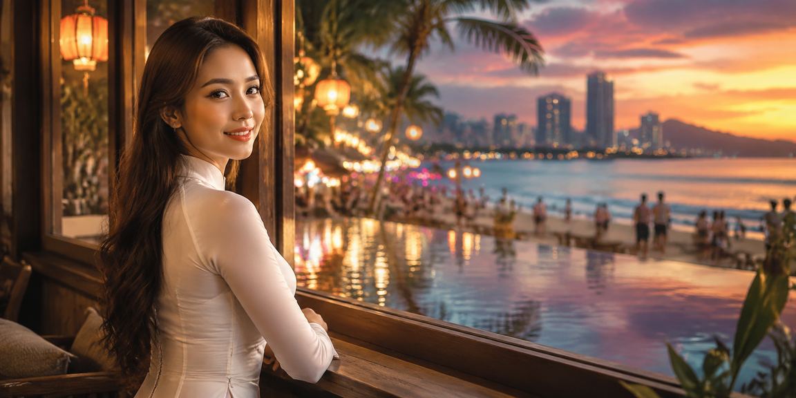 Người phụ nữ mặc áo dài tại Đà Nẵng xem kết quả cá cược thể thao trên điện thoại