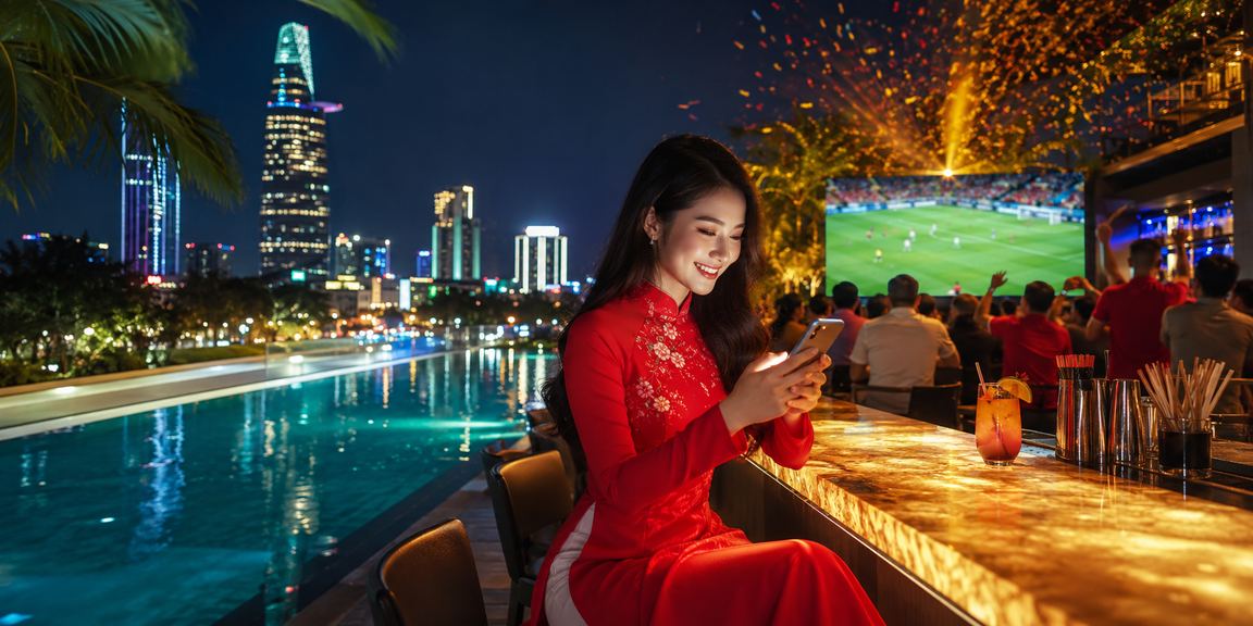 Người phụ nữ mặc áo dài tại TP.HCM đang xem thông tin cá cược bóng đá trên điện thoại trong không khí lễ hội