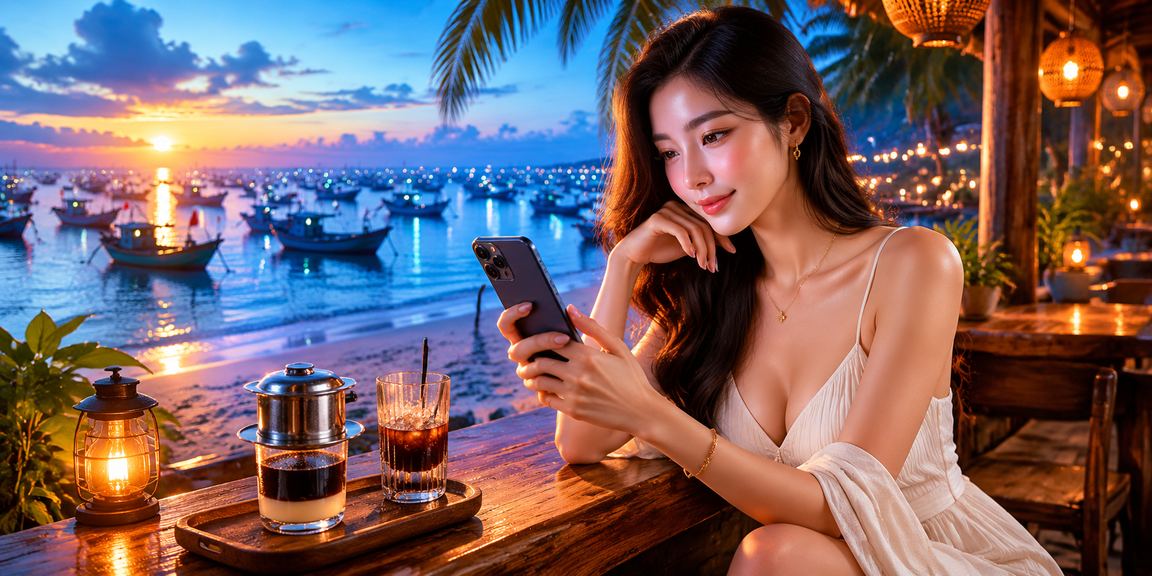Người dùng tại Mũi Né theo dõi kèo thể thao trực tuyến bên bờ biển buổi chiều tà